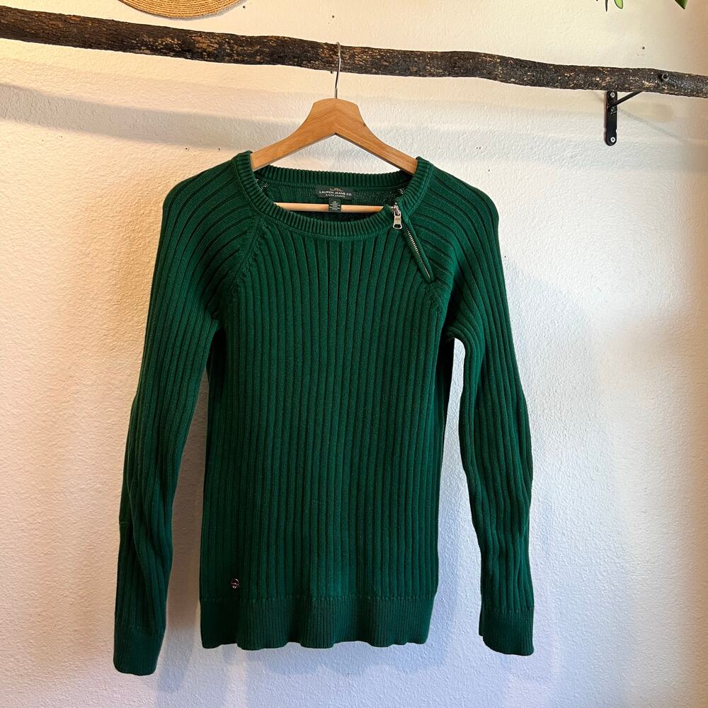 Ralph Lauren Green Ribbed 100% Cotton Zipper Detail Elbow Patch Top Size Medium